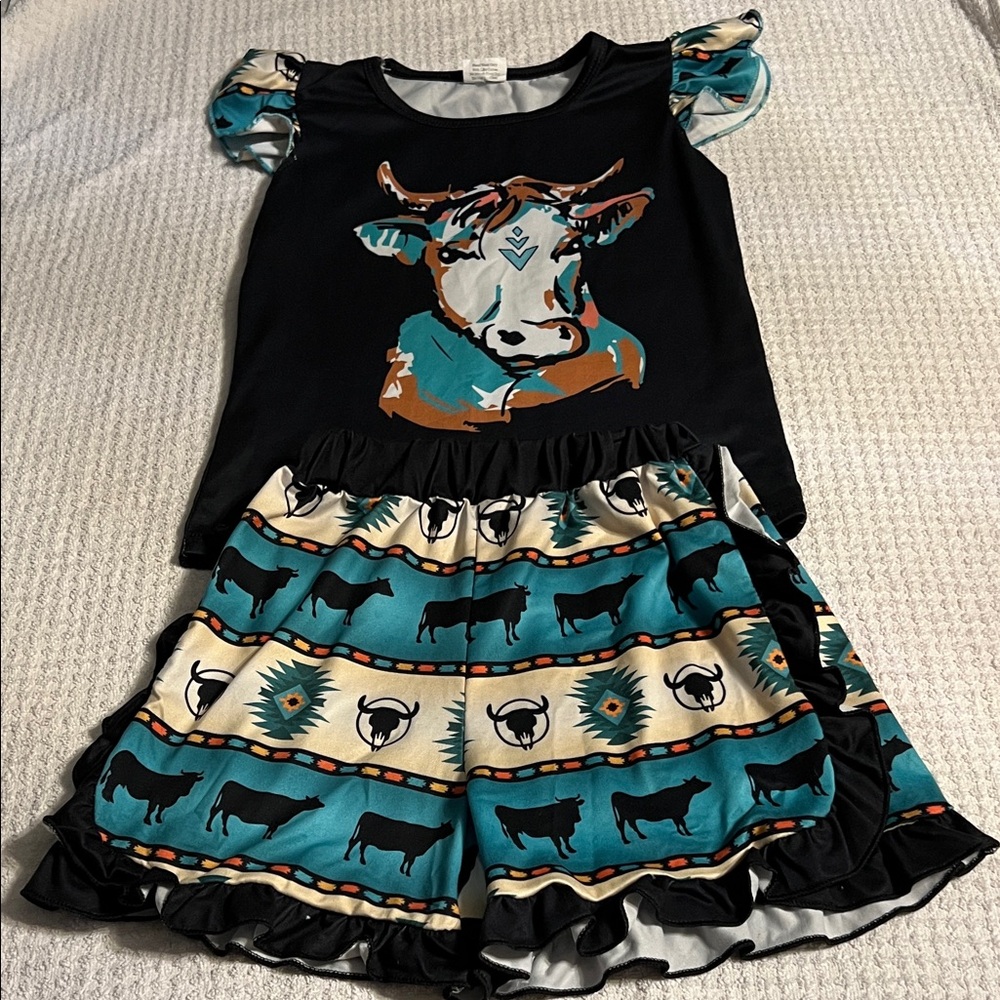 NWOT - Girls Black Teal Cow Print Outfit - Size 5/6